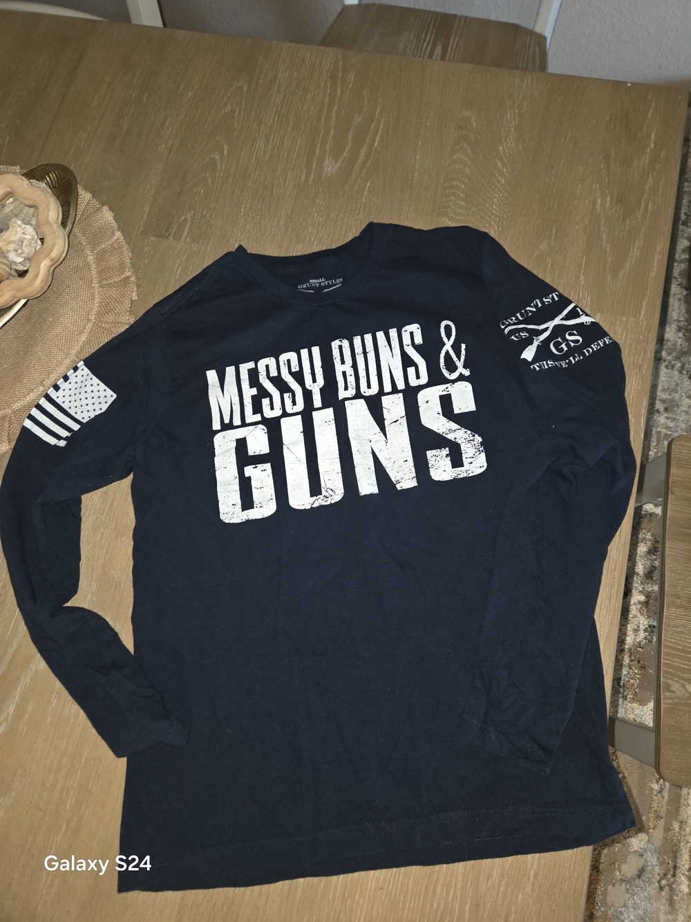 Grunt Style Women's Navy Long Sleeve "Messy Buns & Guns" Tee Sz S